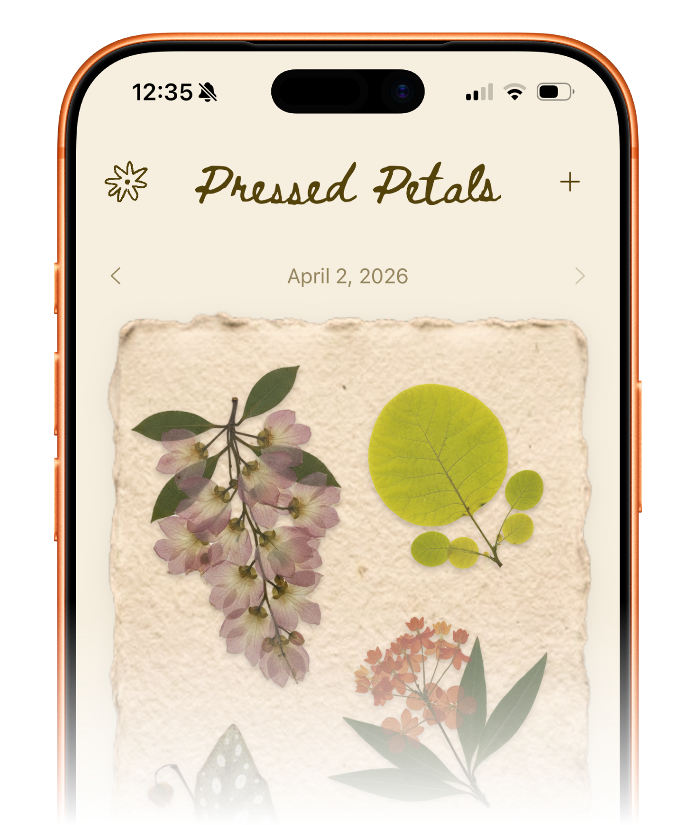 Pressed Petals app showing a journal page with pressed flowers